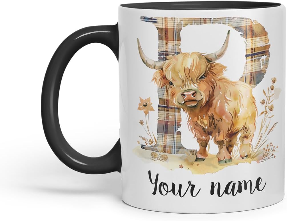 Vixar Personalised Highland Cow Initial Letter P Custom Name Mug – Coloured Ceramic Mug Cup Gift, 11oz