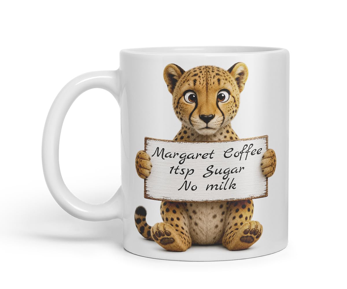 Vixar Personalised Cheetah Mug with Name or Custom Message – Cute Animal Coloured Ceramic Mug Cup Gift, 11oz (Black)