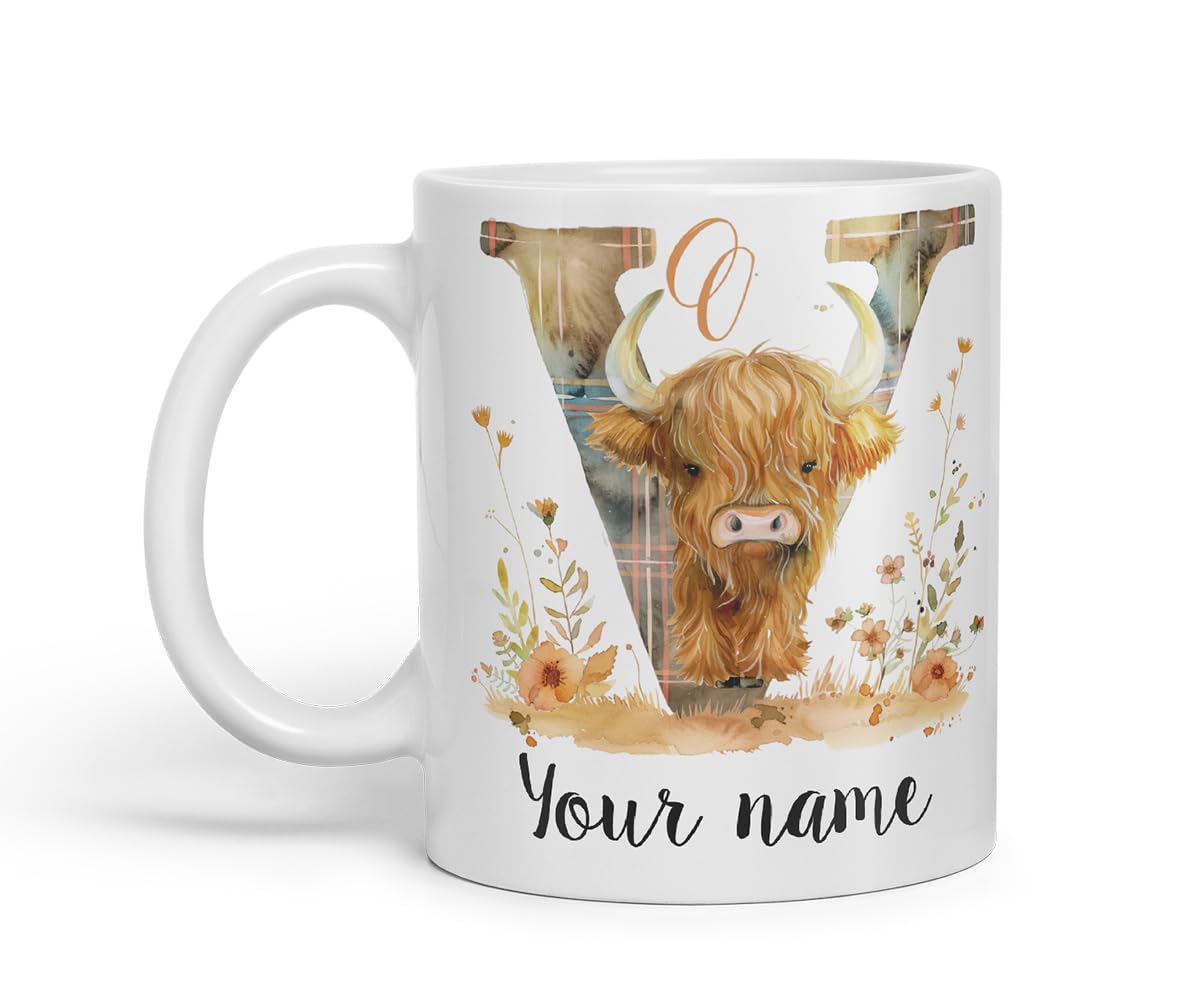 Vixar Personalised Highland Cow Initial Letter V Custom Name Mug – Coloured Ceramic Mug Cup Gift, 11oz (Black)