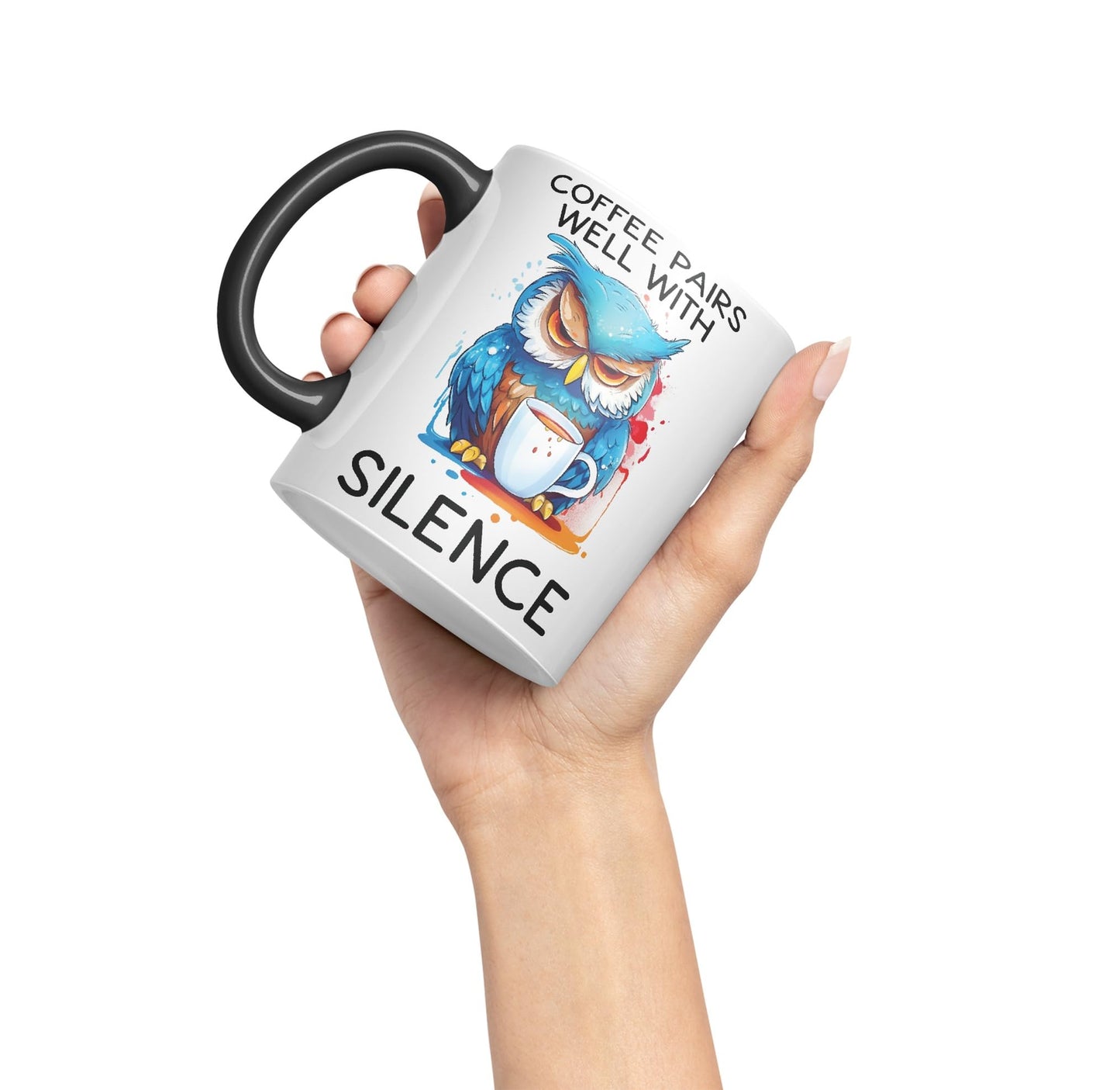 Coffee Pairs Well with Silence owl Sarcastic Joke Ceramic Coloured Mug Cup for Tea Coffee Hot Brew 330ml 11 Oz