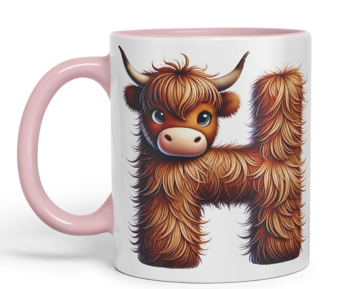 Highland Cow Alphabet Monogram Coloured Ceramic Cup Mug Letter H Rustic Farmhouse Animal Letter Gift V2 11oz (Black)