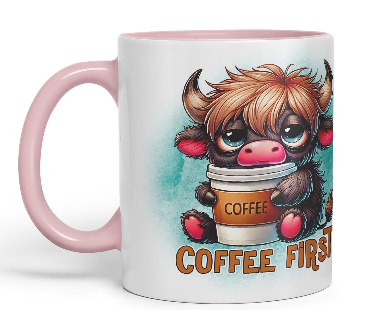 Vixar Coffee First Highland Cow Coloured Ceramic Mug Cup Gift for Coffee Lovers 11oz (Black)