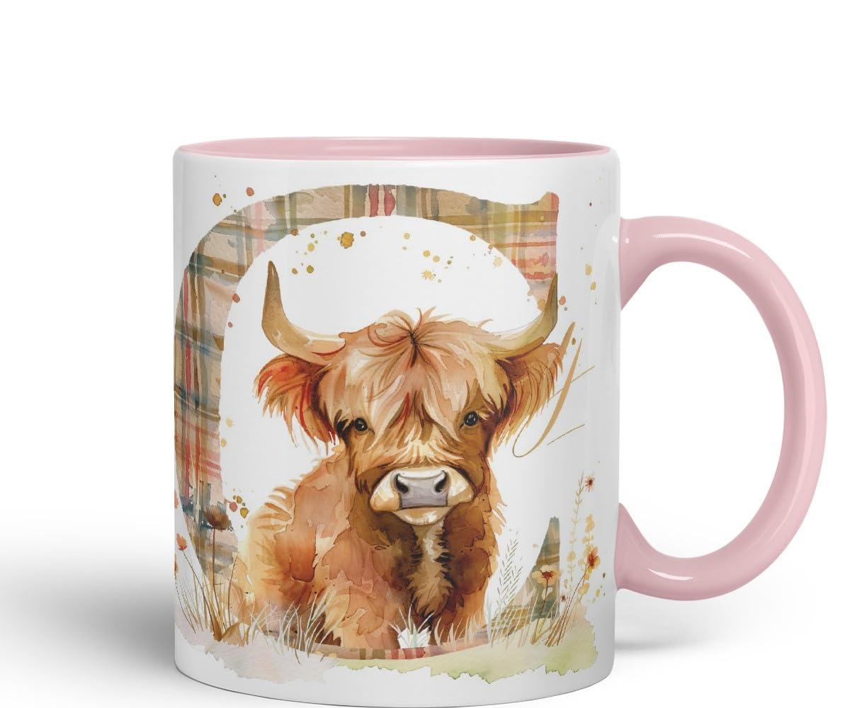 Vixar Highland Cow Alphabet Monogram Coloured Ceramic Cup Mug – Letter C – Rustic Farmhouse Animal Letter Gift – 11oz (Black)
