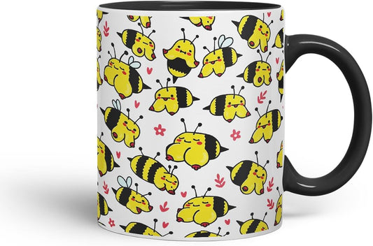 Vixar Cute Bee Breasts, Tits, Pattern Mug – Coloured Ceramic Mug Cup Gift, 11oz (Black)