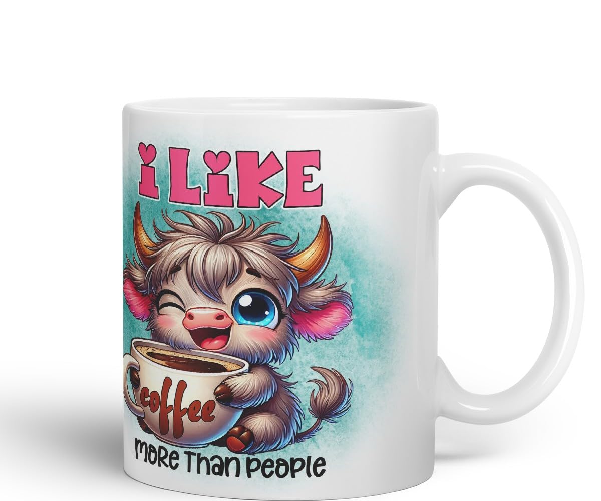 Vixar I Like Coffee More Than People Highland Cow Coloured Ceramic Mug Cup Gift for Coffee Lovers 11oz (Black)