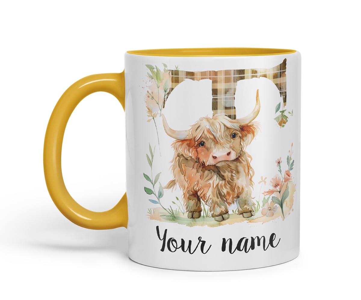 Vixar Personalised Highland Cow Initial Letter T Custom Name Mug – Coloured Ceramic Mug Cup Gift, 11oz (Black)