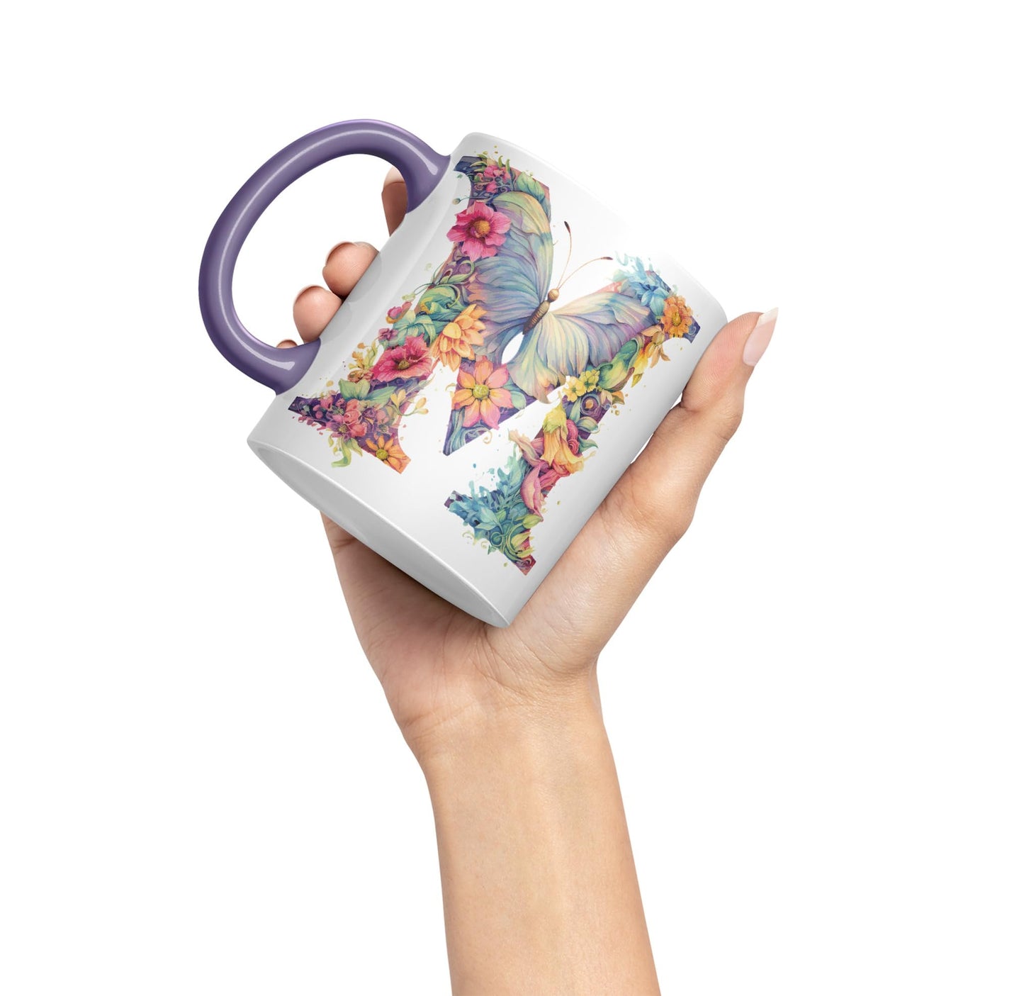 Letter M mug, Floral flowers butterfly Alphabet Letter M Monogram watercolour Ceramic Coloured Mug Cup for Tea Coffee Hot brew 330ml 11Oz Gift