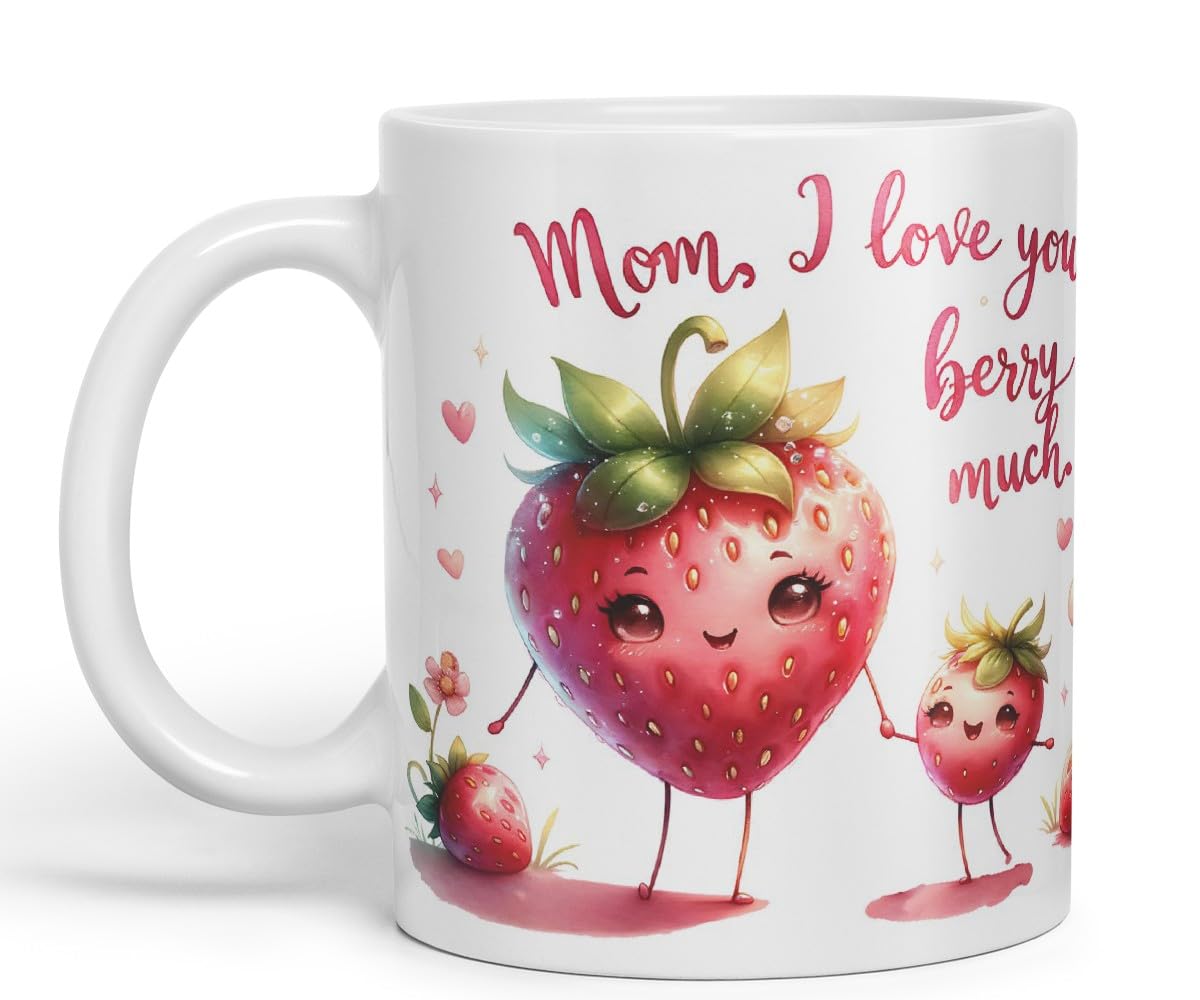 Vixar Mom, I Love You Berry Much Coloured Mug Cup Cute Strawberry Mother’s Day Gift 11oz (Black)