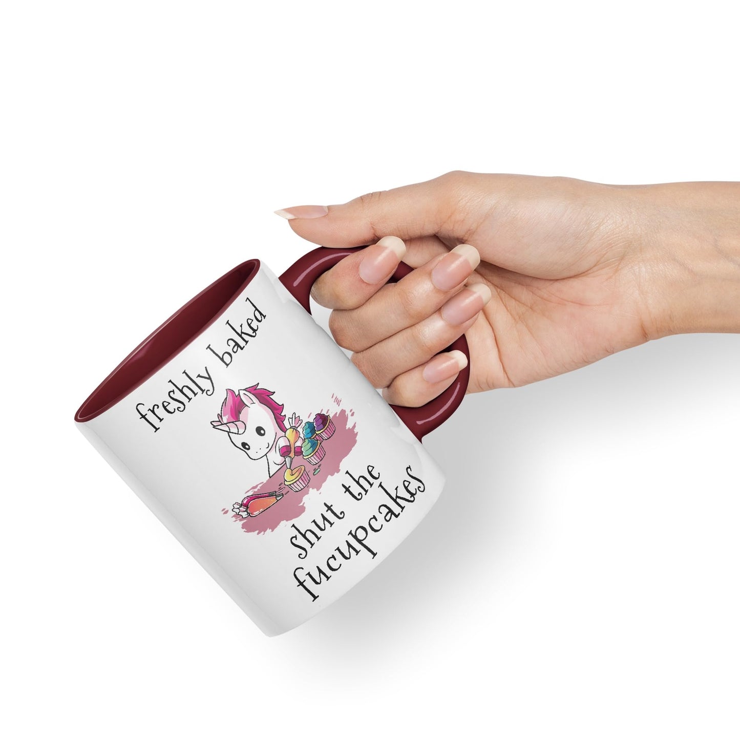 Freshly Baked, Shut The fucupcakes, Unicorn Sarcastic Joke Ceramic Coloured Mug Cup for Tea Coffee Hot Brew 330ml 11Oz