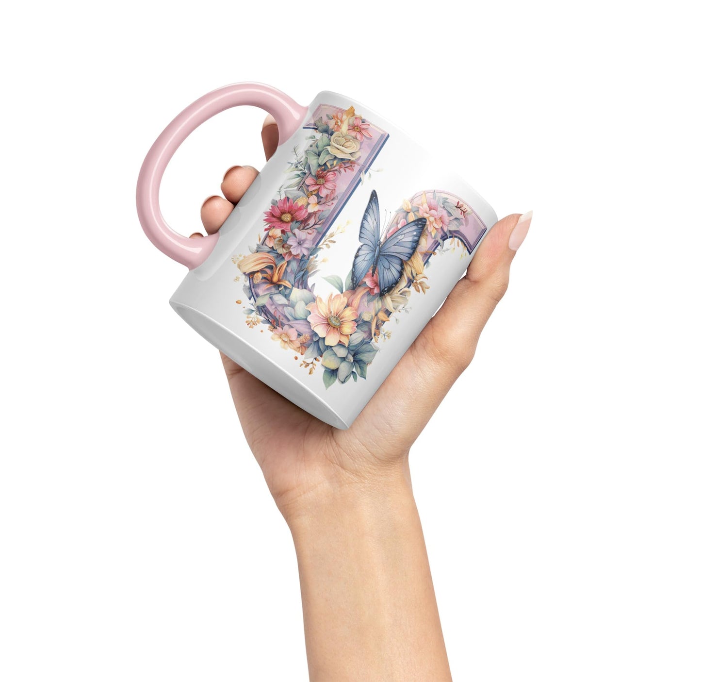 Letter U mug, Floral flowers butterfly Alphabet Letter U Monogram watercolour Ceramic Coloured Mug Cup for Tea Coffee Hot brew 330ml 11Oz Gift