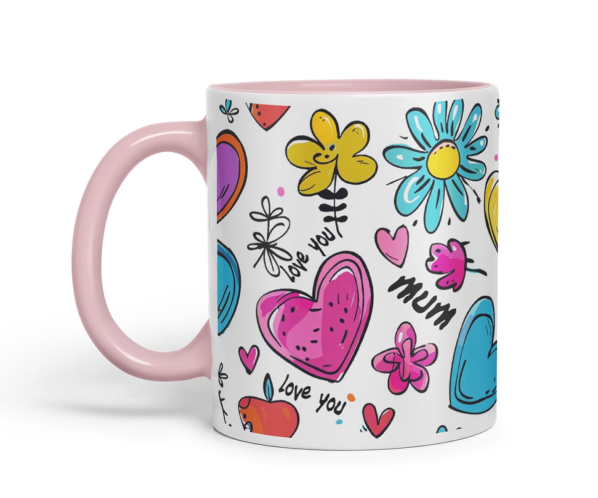 Vixar Mum Love You Colourful Hearts Pattern Mug – Coloured Ceramic Mug Cup Gift, 11oz (Black)