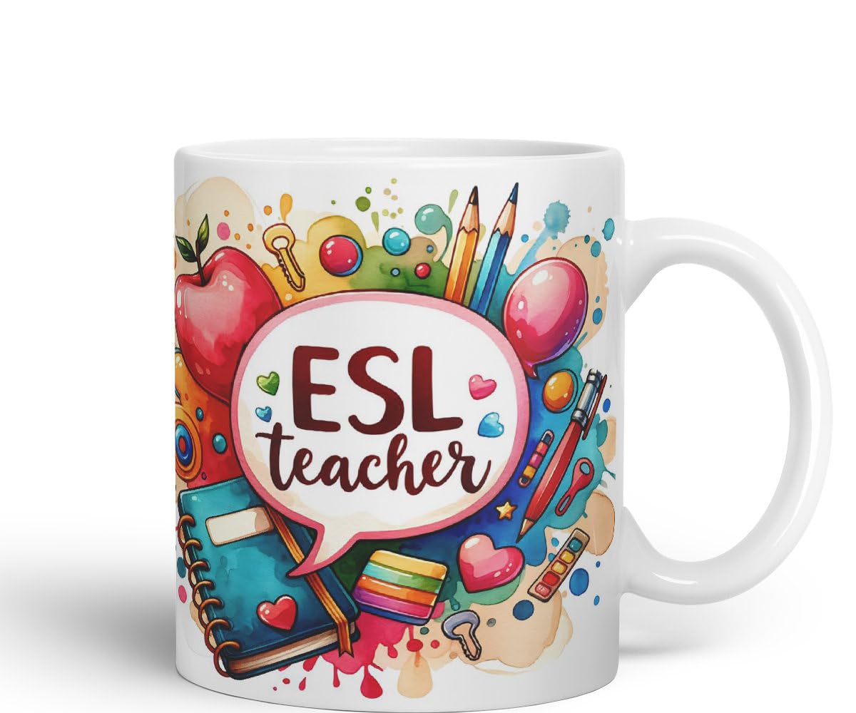 Vixar ESL Teacher Mug Thank You, End of School Gift Ceramic Coloured Mug Cup for Tea Coffee Hot Brew 330ml 11Oz Gift