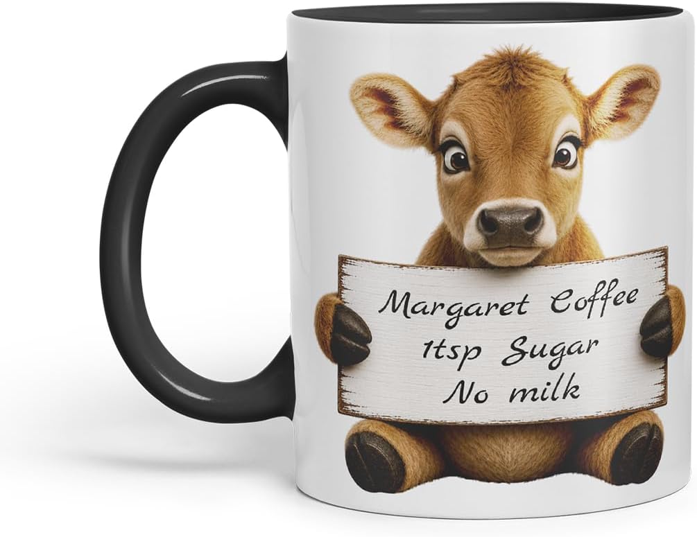 Vixar Personalised Jersey Cow Mug with Name or Custom Message – Cute Animal Coloured Ceramic Mug Cup Gift, 11oz (Black)