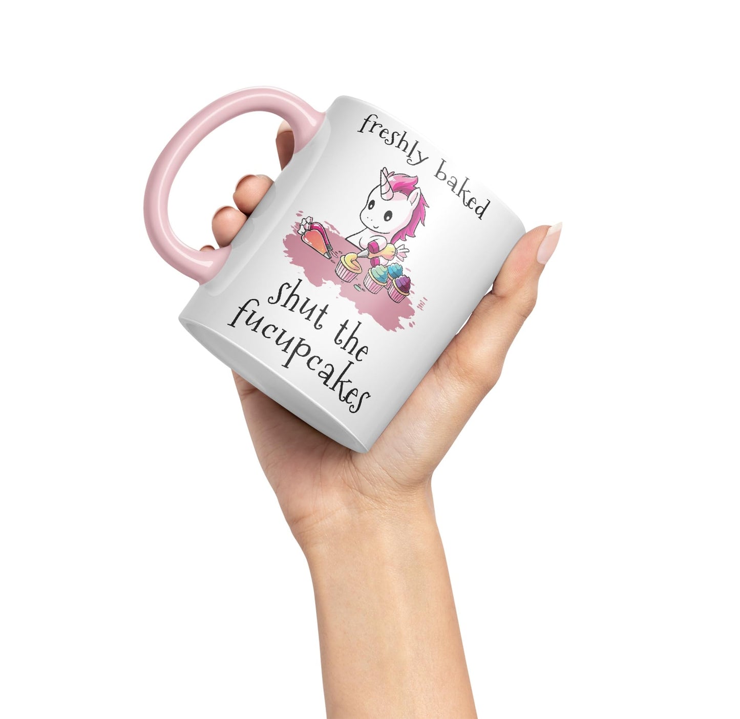 Freshly Baked, Shut The fucupcakes, Unicorn Sarcastic Joke Ceramic Coloured Mug Cup for Tea Coffee Hot Brew 330ml 11Oz