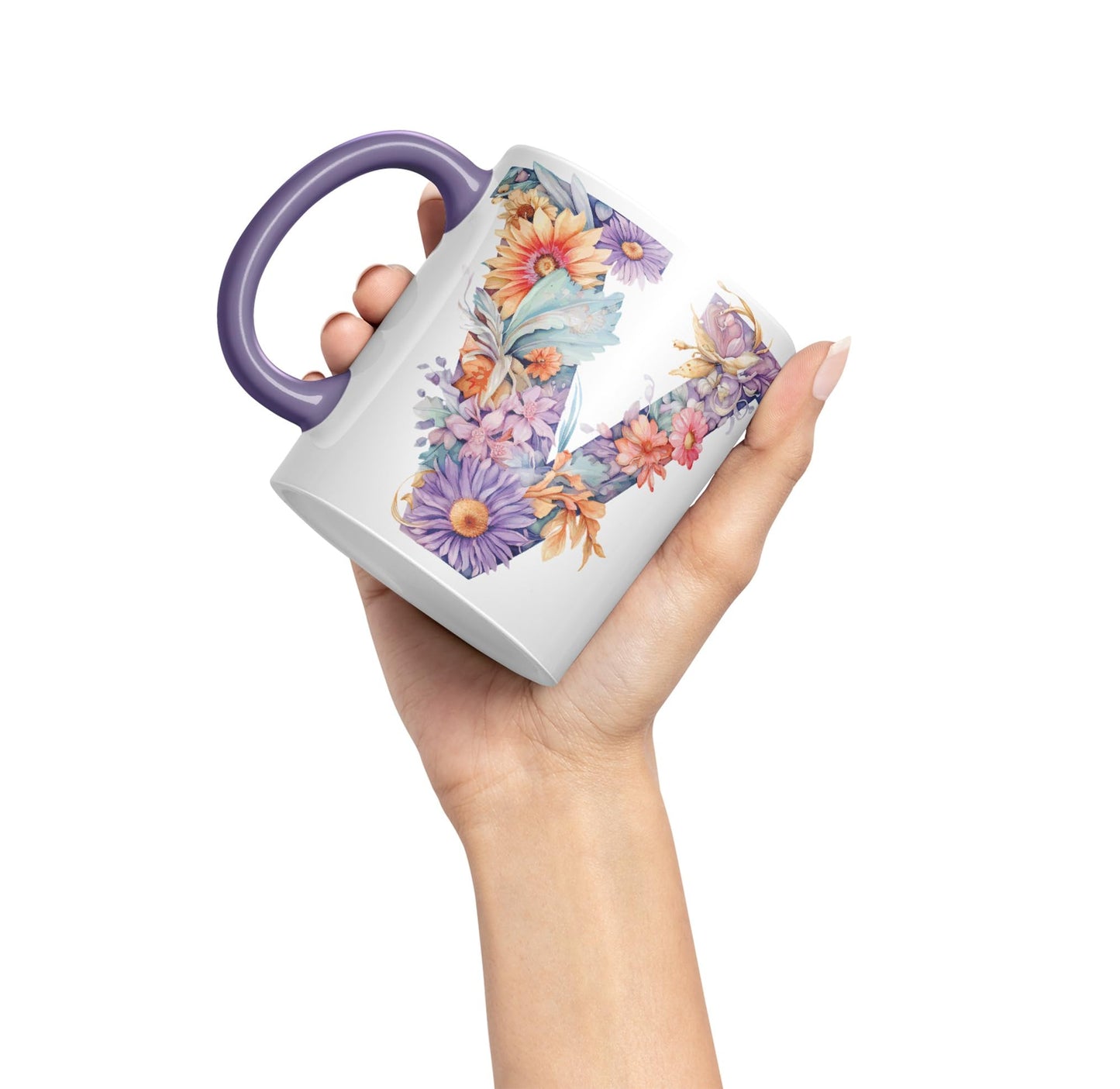 Letter V mug, Floral flowers butterfly Alphabet Letter V Monogram watercolour Ceramic Coloured Mug Cup for Tea Coffee Hot brew 330ml 11Oz Gift
