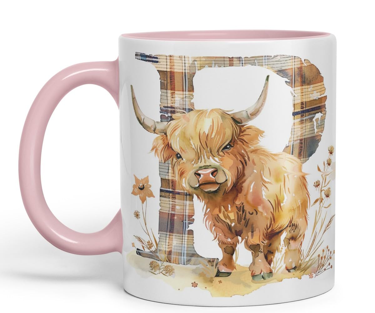 Vixar Highland Cow Alphabet Monogram Coloured Ceramic Cup Mug – Letter P – Rustic Farmhouse Animal Letter Gift – 11oz (Black)