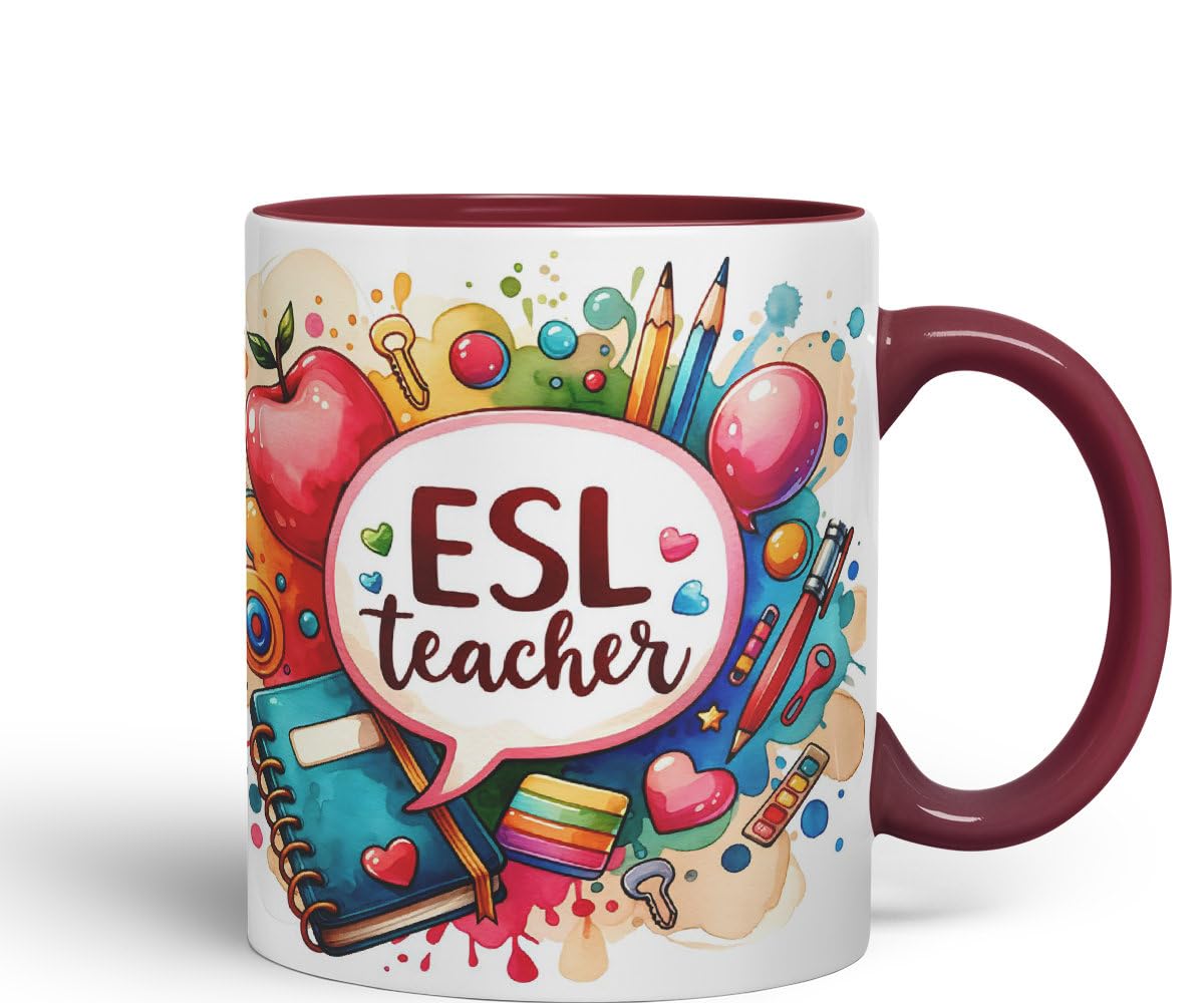 Vixar ESL Teacher Mug Thank You, End of School Gift Ceramic Coloured Mug Cup for Tea Coffee Hot Brew 330ml 11Oz Gift