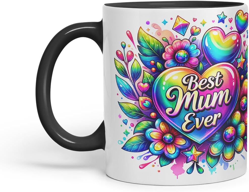 Vixar Best Mum Ever Rainbow Floral Mug – Coloured Ceramic Mug Cup Gift, 11oz (Black)