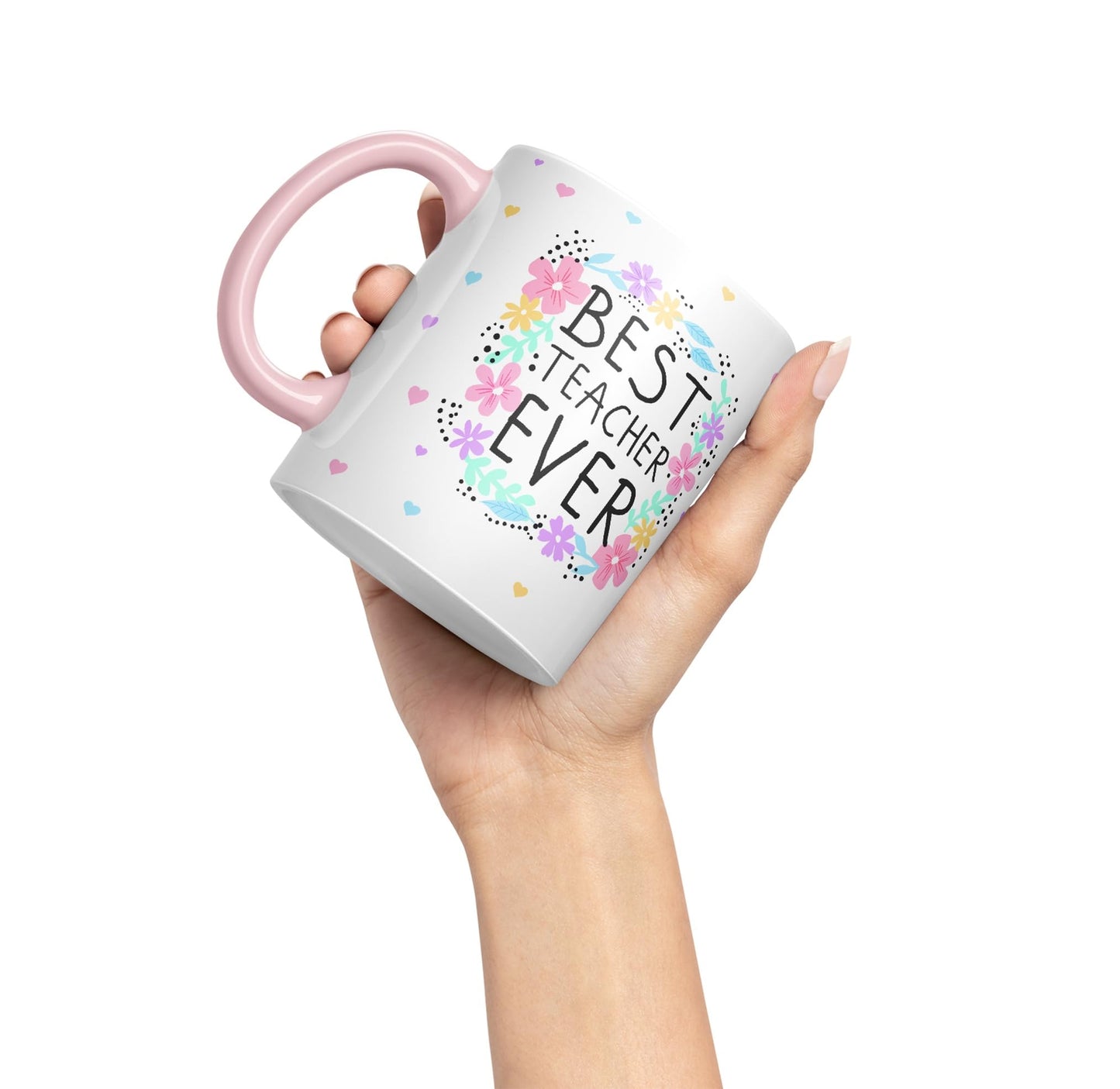 Vixar Best Teacher Ever Flowers, Ceramic 330 ml 11oz Coloured Mug Cup, Teacher Gift from Kids, School Gift, end of Year for Coffee Tea (T4)