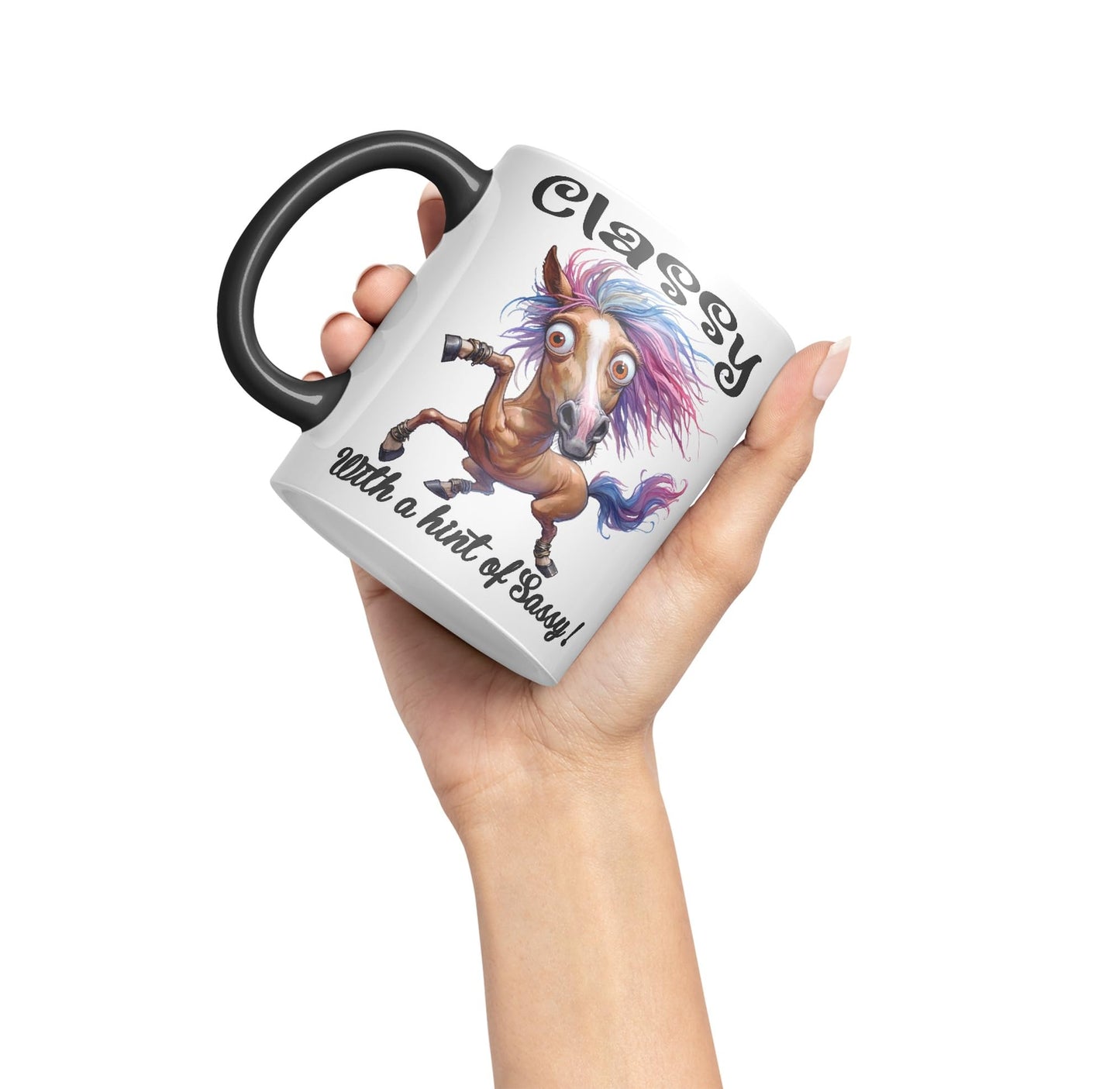 Classy with a hint of Sassy! Horse cat Joke sarkasm Sarcastic Ceramic Coloured Mug Cup for Tea Coffee Hot Brew 330ml 11Oz Gift
