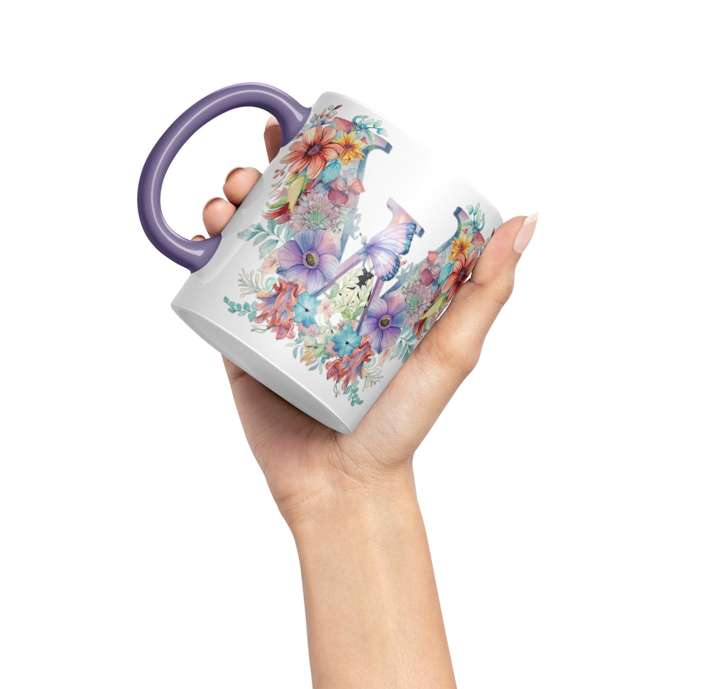Letter W mug, Floral flowers butterfly Alphabet Letter W Monogram watercolour Ceramic Coloured Mug Cup for Tea Coffee Hot brew 330ml 11Oz