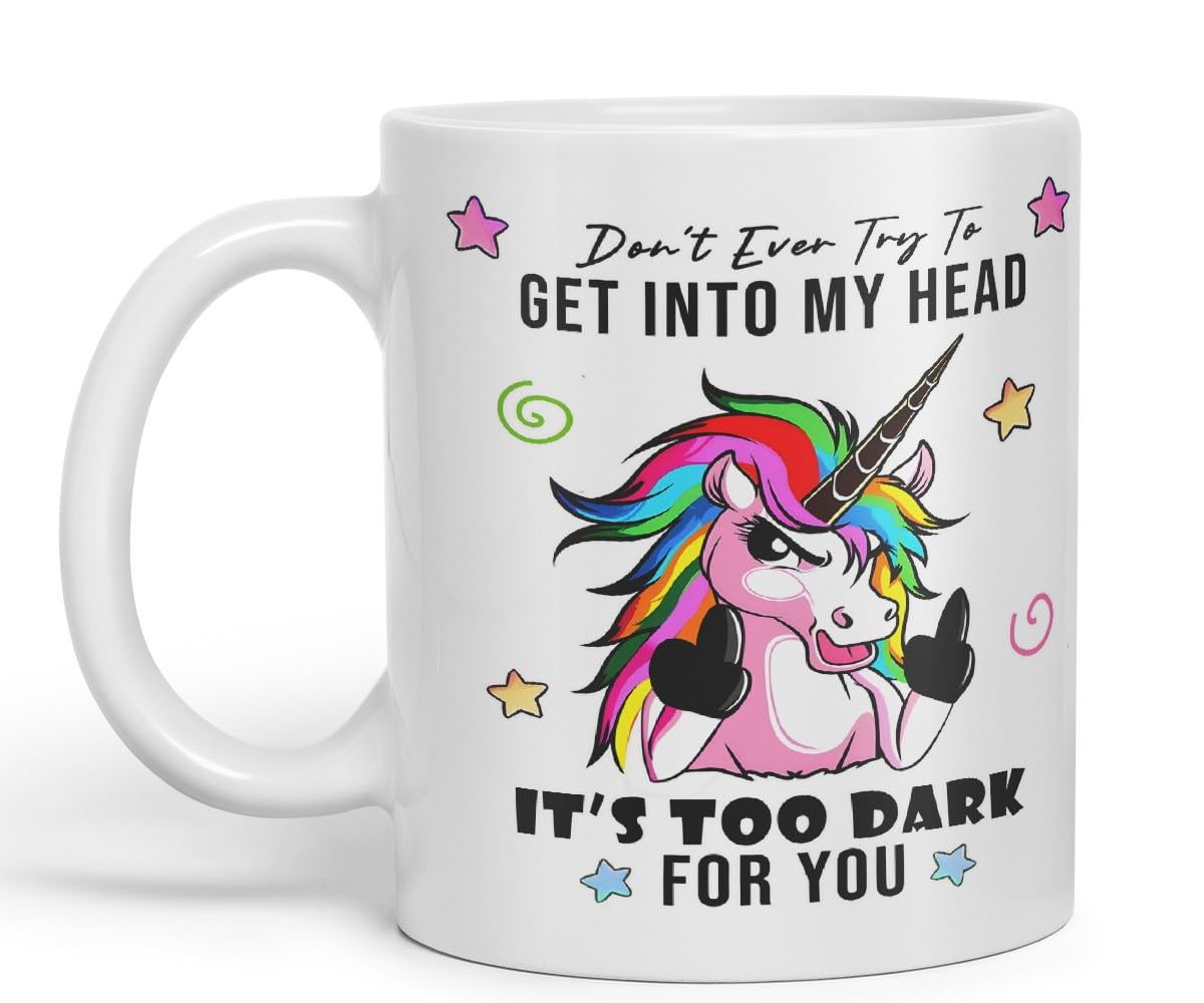 Vixar Don’t Ever Try to Get Into My Head – Funny Unicorn Coloured Mug Cup 11oz (Black)