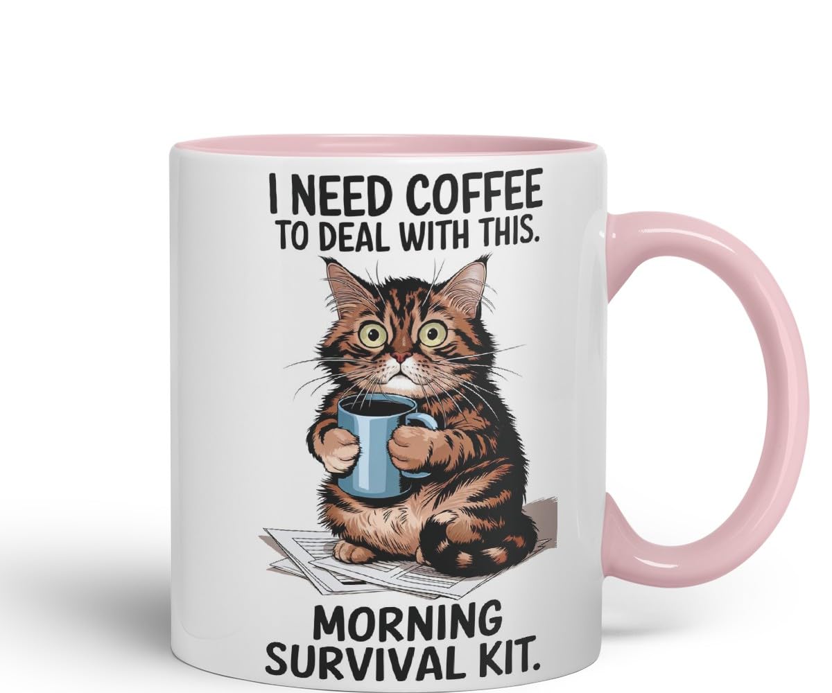 Vixar I Need Coffee to Deal with This Morning Survival Kit Cat Mug – Coloured Ceramic Mug Cup Gift, 11oz (Black)
