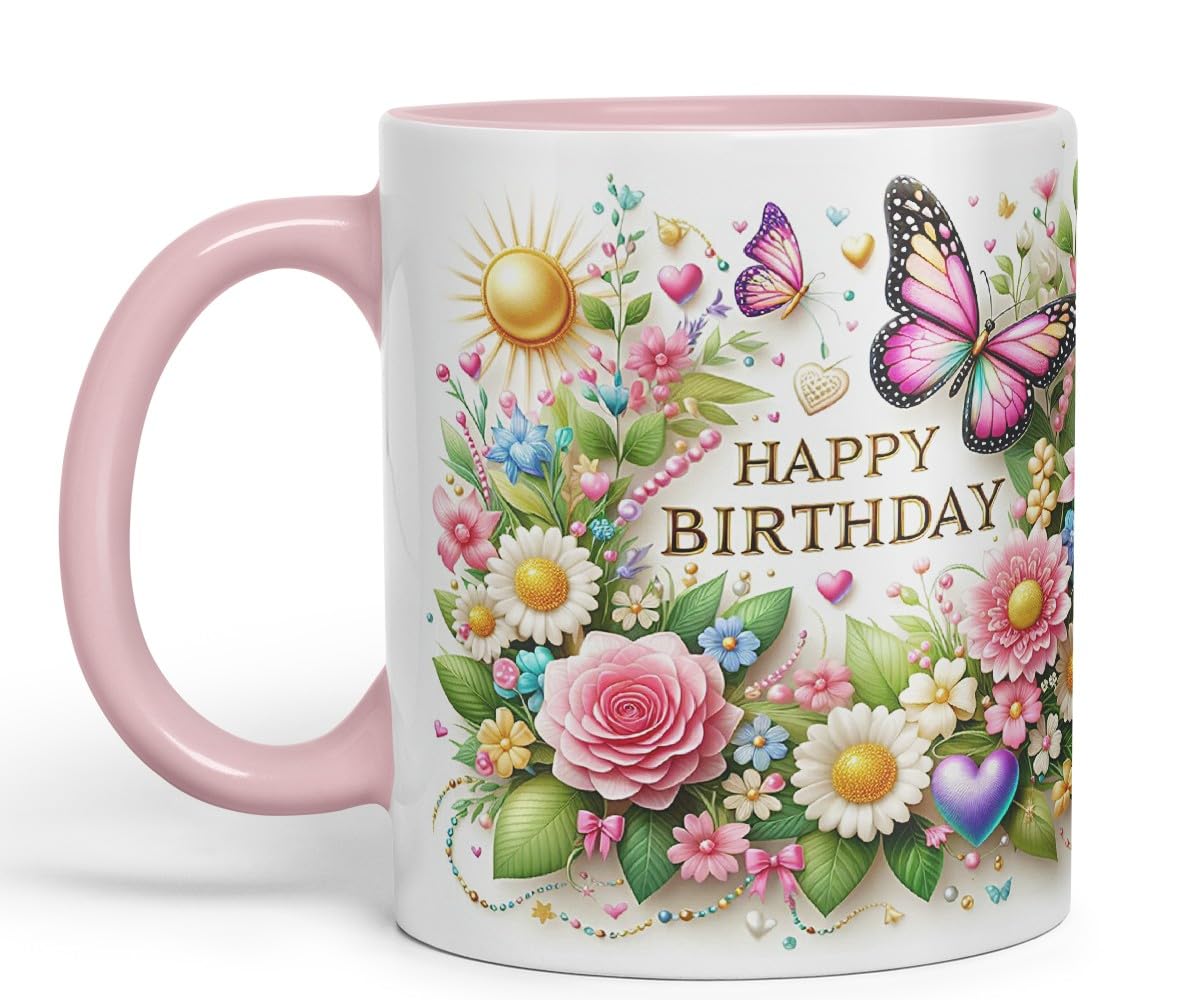 Vixar Happy Birthday Sun Roses Butterflies Coloured Ceramic Mug Cup Gift 11oz V14 (Black)