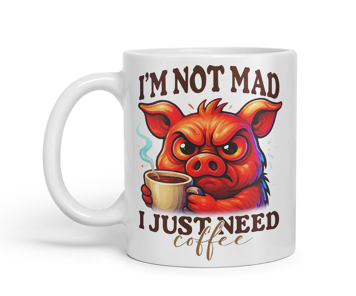 Vixar I'm Not Mad I Just Need Coffee Funny Pig Mug – Coloured Ceramic Mug Cup Gift, 11oz (Black)