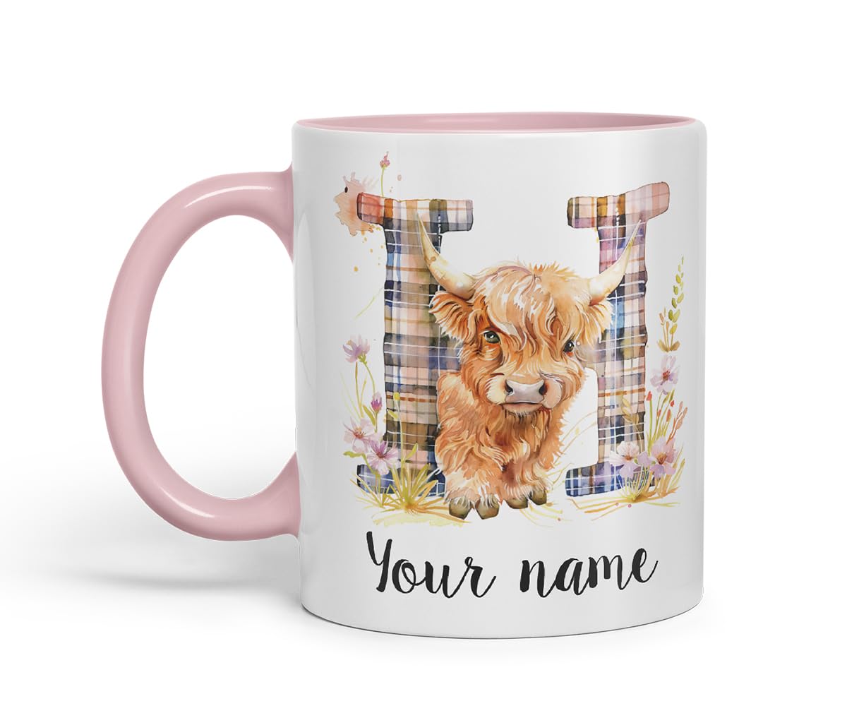 Vixar Personalised Highland Cow Initial Letter H Custom Name Mug – Coloured Ceramic Mug Cup Gift, 11oz (Black)