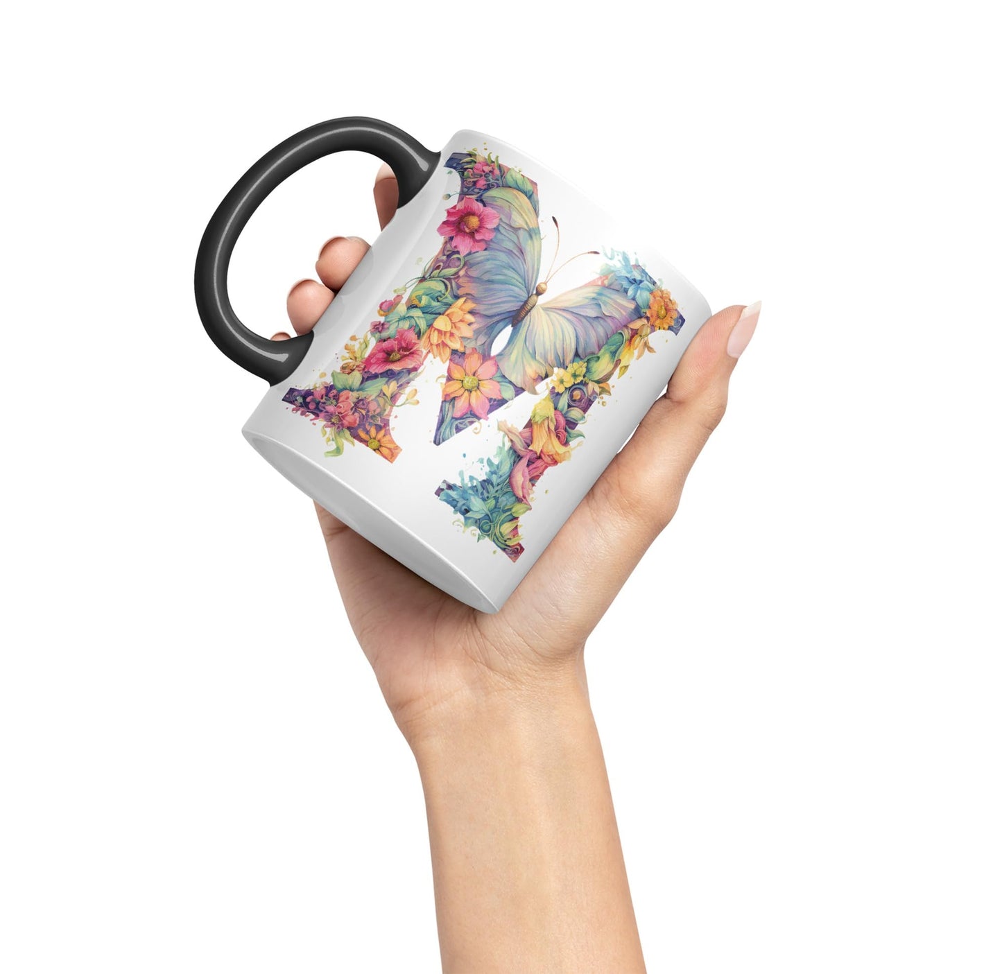 Letter M mug, Floral flowers butterfly Alphabet Letter M Monogram watercolour Ceramic Coloured Mug Cup for Tea Coffee Hot brew 330ml 11Oz Gift