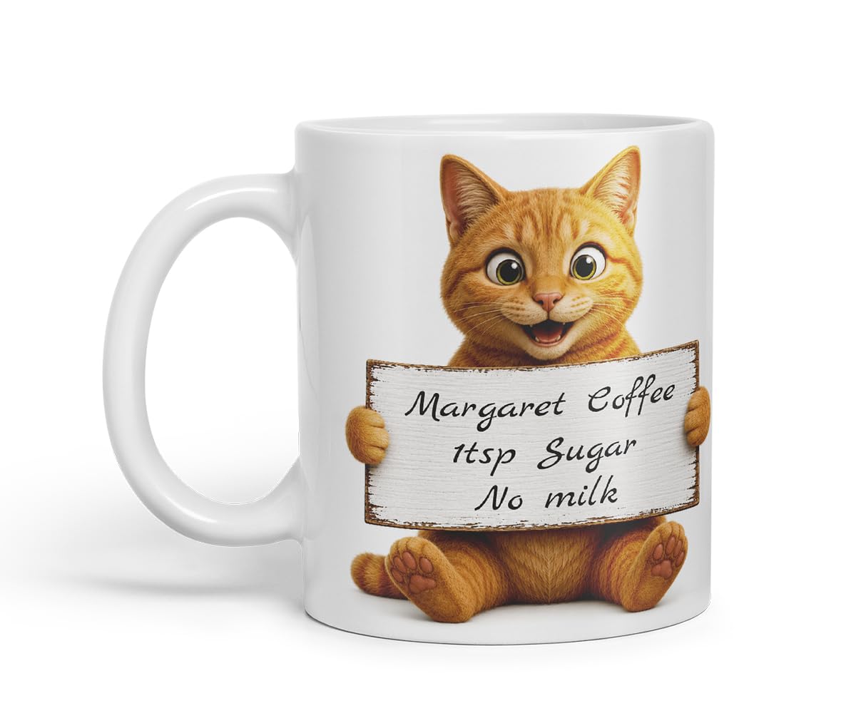Vixar Personalised Ginger Cat Mug with Name or Custom Message – Cute Animal Coloured Ceramic Mug Cup Gift, 11oz (Black)