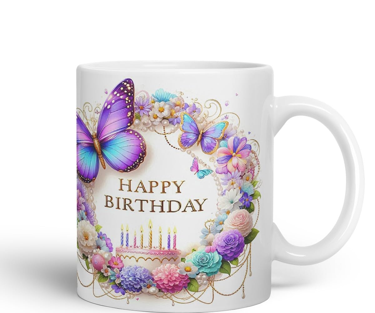 Vixar Happy Birthday Pastel Cake Florals Coloured Ceramic Mug Cup Gift 11oz V6 (Black)