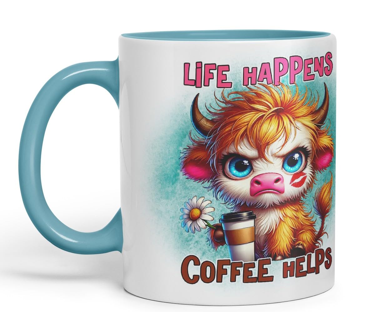 Vixar Life Happens Coffee Helps Highland Cow Coloured Ceramic Mug Cup Gift for Coffee Lovers 11oz (Black)