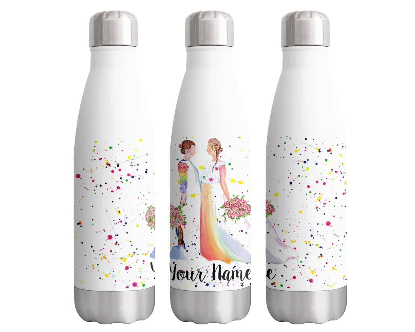 Wedding Mrs and Mrs Personalised Custom Bottle with Your Text/Name Watercolour Art Pride Lesbian Bottle Double Wall Insulated Stainless Steel Sport Drinks 500ml