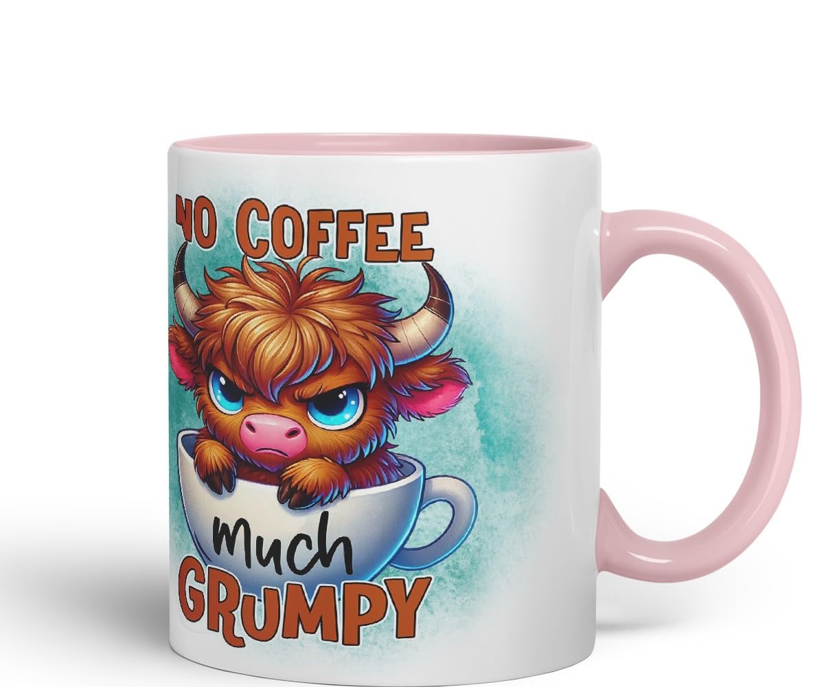 Vixar No Coffee Much Grumpy Highland Cow Coloured Ceramic Mug Cup Gift for Coffee Lovers 11oz (Black)