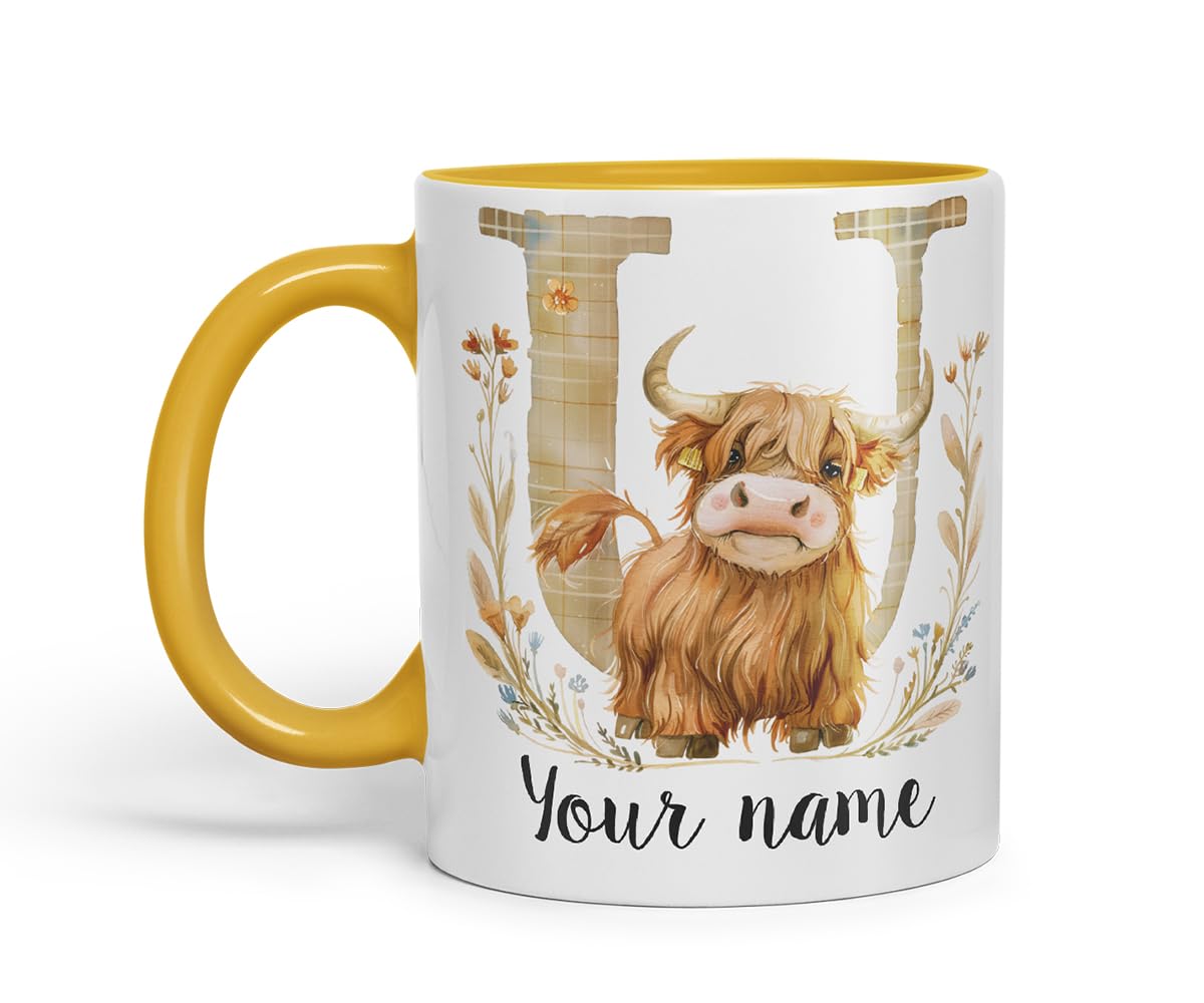 Vixar Personalised Highland Cow Initial Letter U Custom Name Mug – Coloured Ceramic Mug Cup Gift, 11oz (Black)