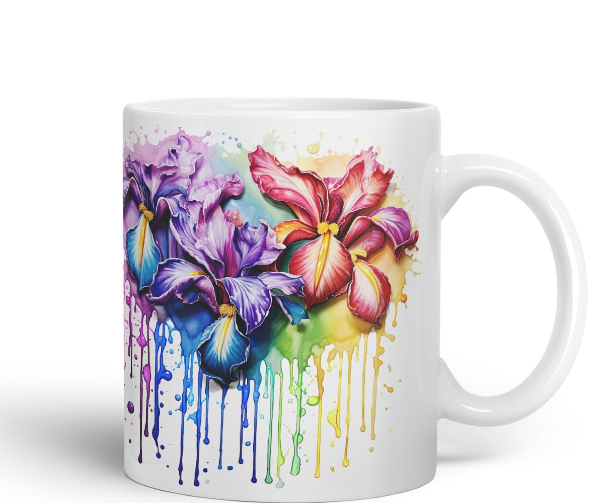 Vixar Iris Watercolour Garden Mug Coloured Ceramic Mug Cup Gift, 11oz (Gold Yellow)
