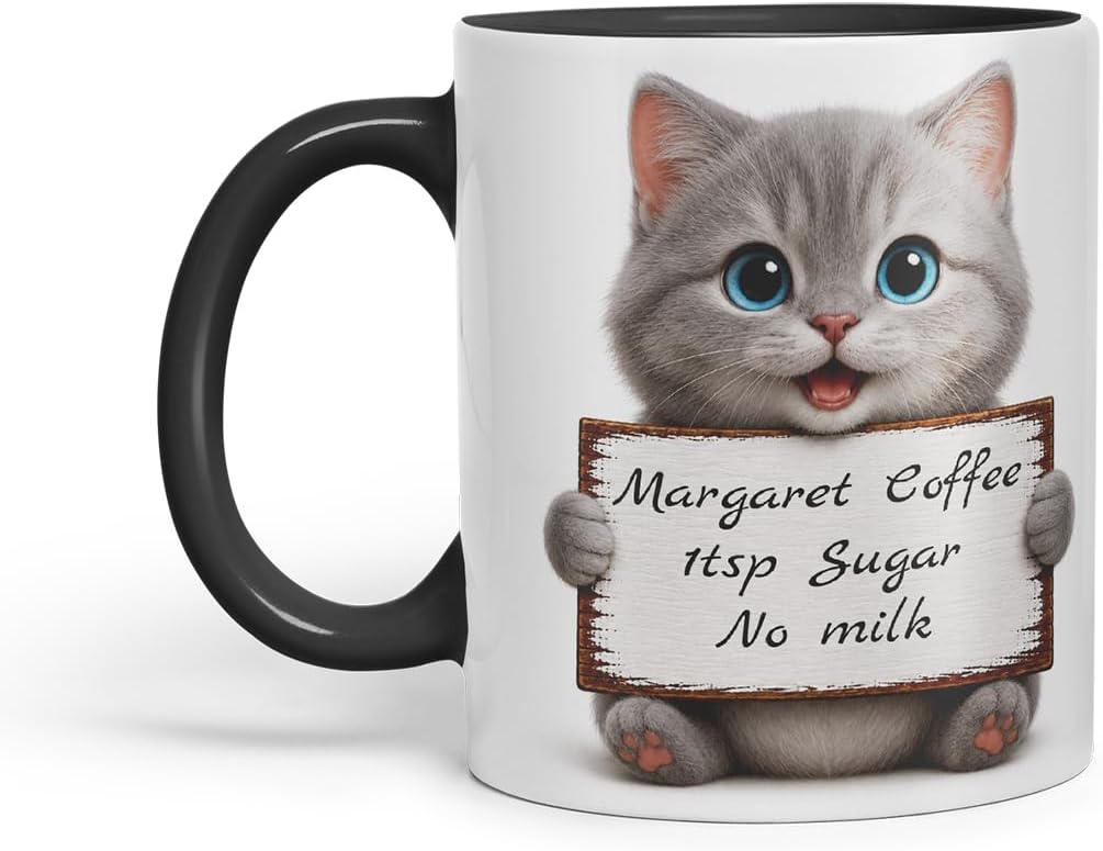 Vixar Personalised Grey Cat Mug with Name or Custom Message – Cute Animal Coloured Ceramic Mug Cup Gift, 11oz (Black)
