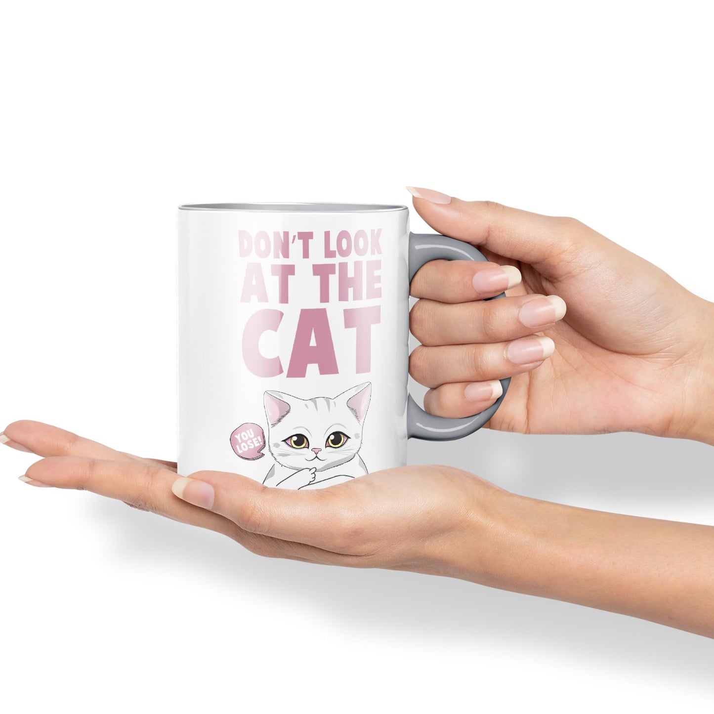 Vixar Don't Look at The Cat You Lose! Sarcastic Joke Ceramic Coloured Mug Cup for Tea Coffee Hot Brew 330ml 11oz