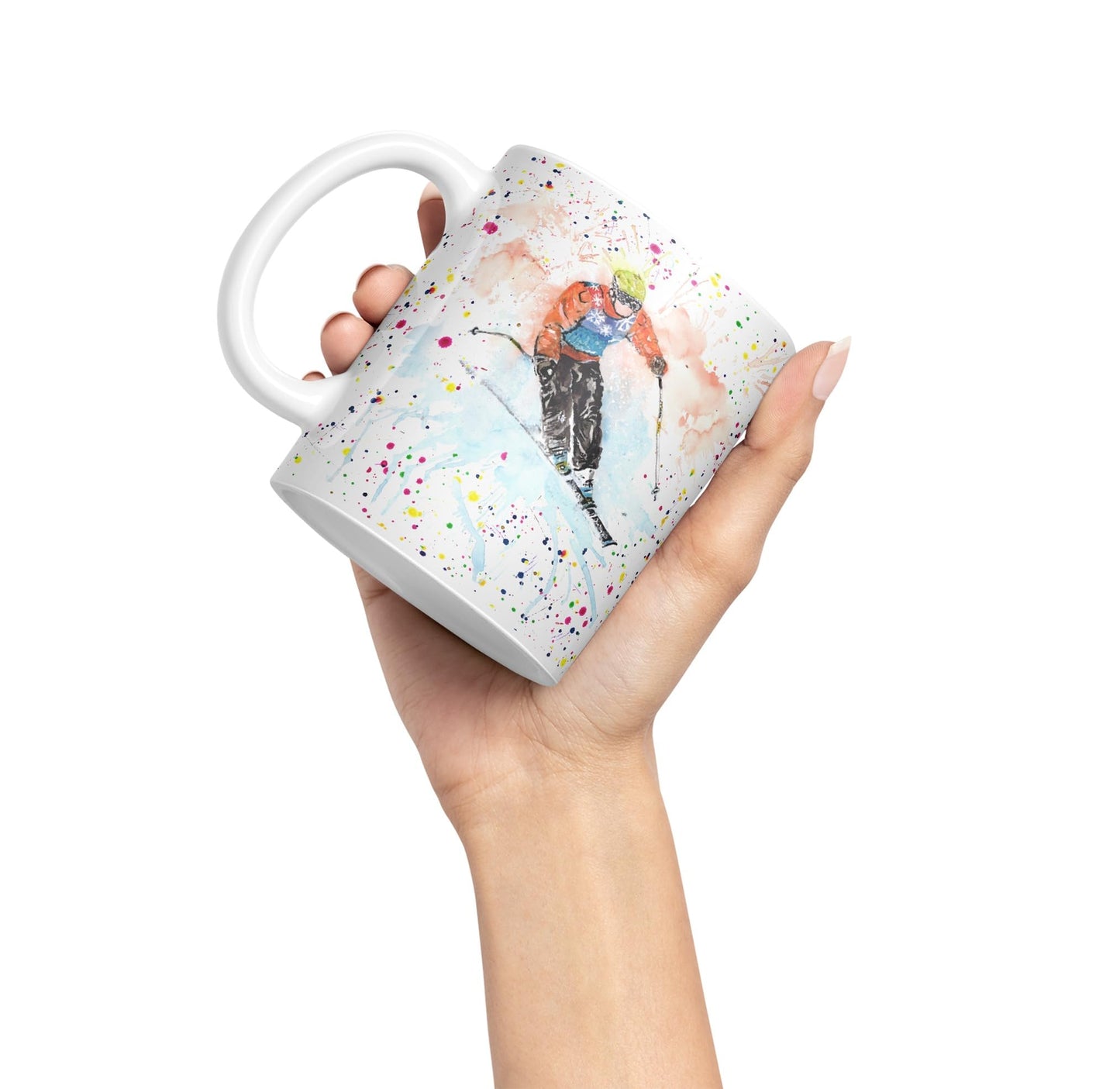 Skiing Ski winter sport watercolour Ceramic Coloured Mug Cup for Tea Coffee Hot brew 330ml 11Oz Gift