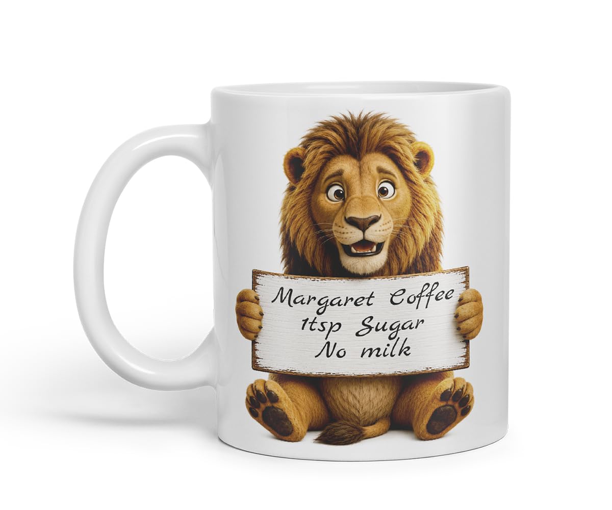 Vixar Personalised Lion Mug with Name or Custom Message – Cute Animal Coloured Ceramic Mug Cup Gift, 11oz (Black)