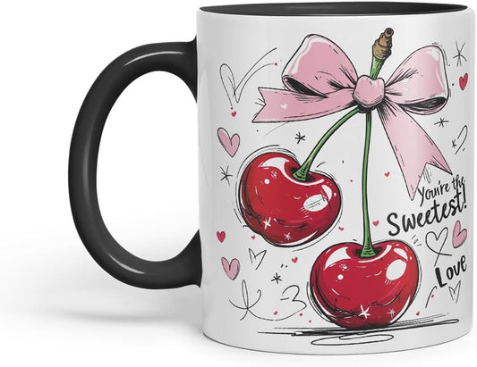 Sweetest Cherry Love Mug – Coloured Ceramic Mug Cup Gift, 11oz (Black)