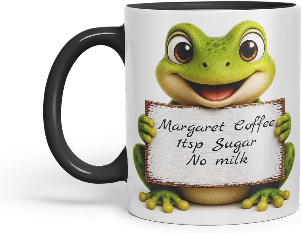 Vixar Personalised Frog Mug with Name or Custom Message – Cute Animal Coloured Ceramic Mug Cup Gift, 11oz (Black)
