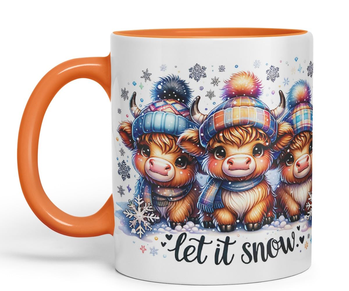 Vixar Let It Snow Cute Highland Cow Coloured Mug Cup Winter Christmas Animal Gift 11oz (Black)