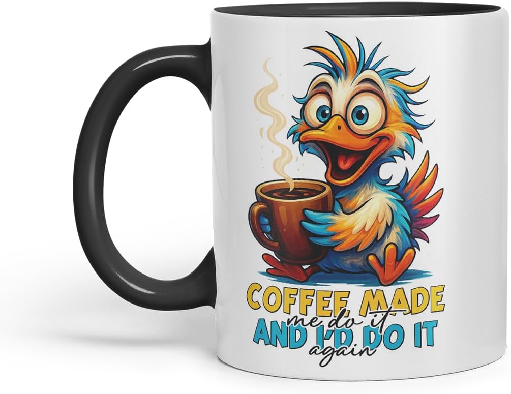 Vixar Coffee Made Me Do It and I'd Do It Again Funny Bird Mug – Coloured Ceramic Mug Cup Gift, 11oz (Black)