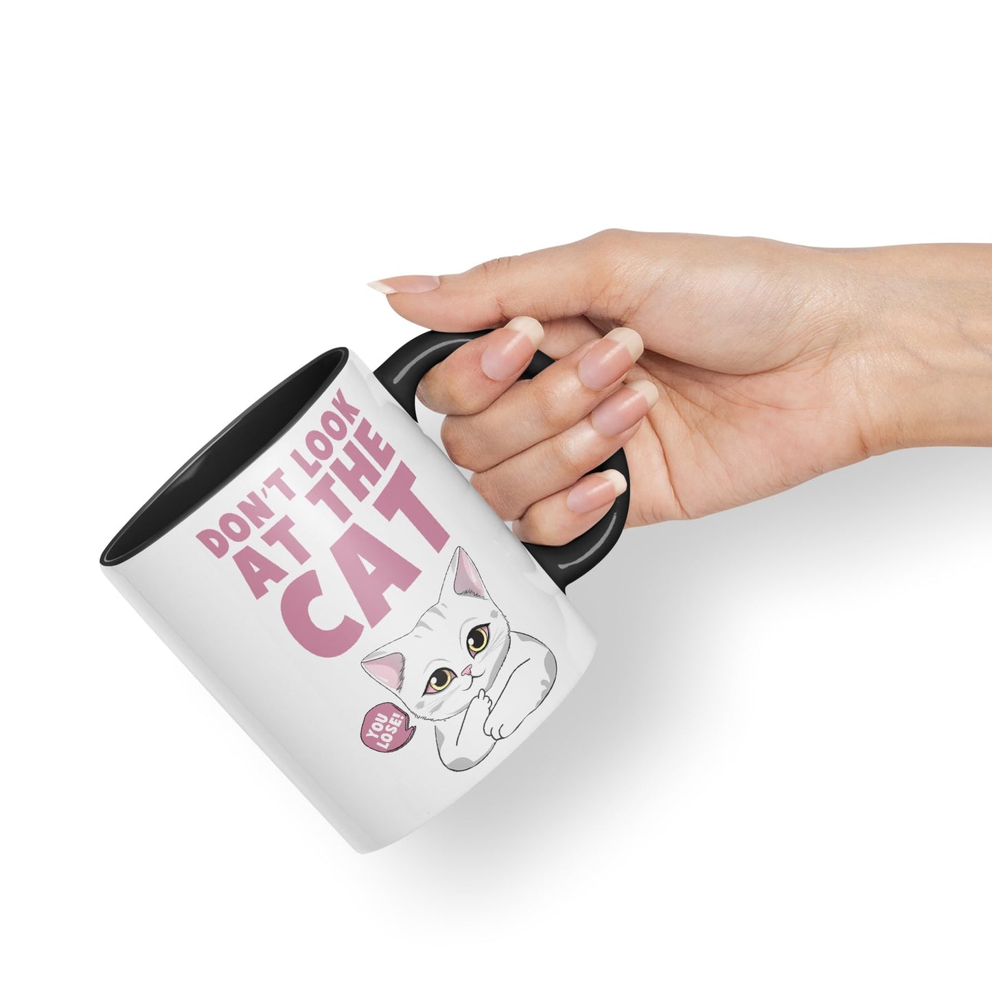 Vixar Don't Look at The Cat You Lose! Sarcastic Joke Ceramic Coloured Mug Cup for Tea Coffee Hot Brew 330ml 11oz