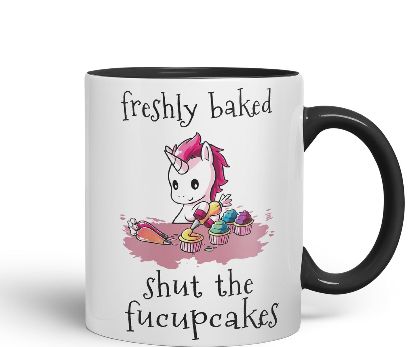 Freshly Baked, Shut The fucupcakes, Unicorn Sarcastic Joke Ceramic Coloured Mug Cup for Tea Coffee Hot Brew 330ml 11Oz