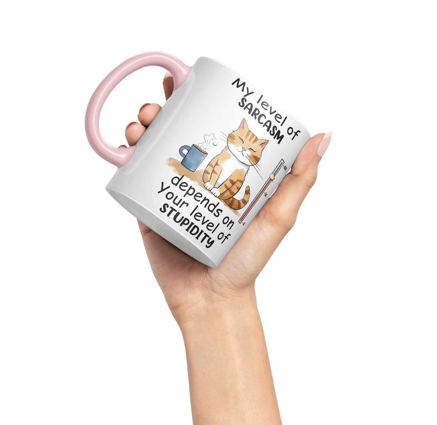 My Level of Sarcasm Depends on Your Level of Stupidity Cat Joke Ceramic Coloured Mug Cup for Tea Coffee Hot Brew 330ml 11Oz