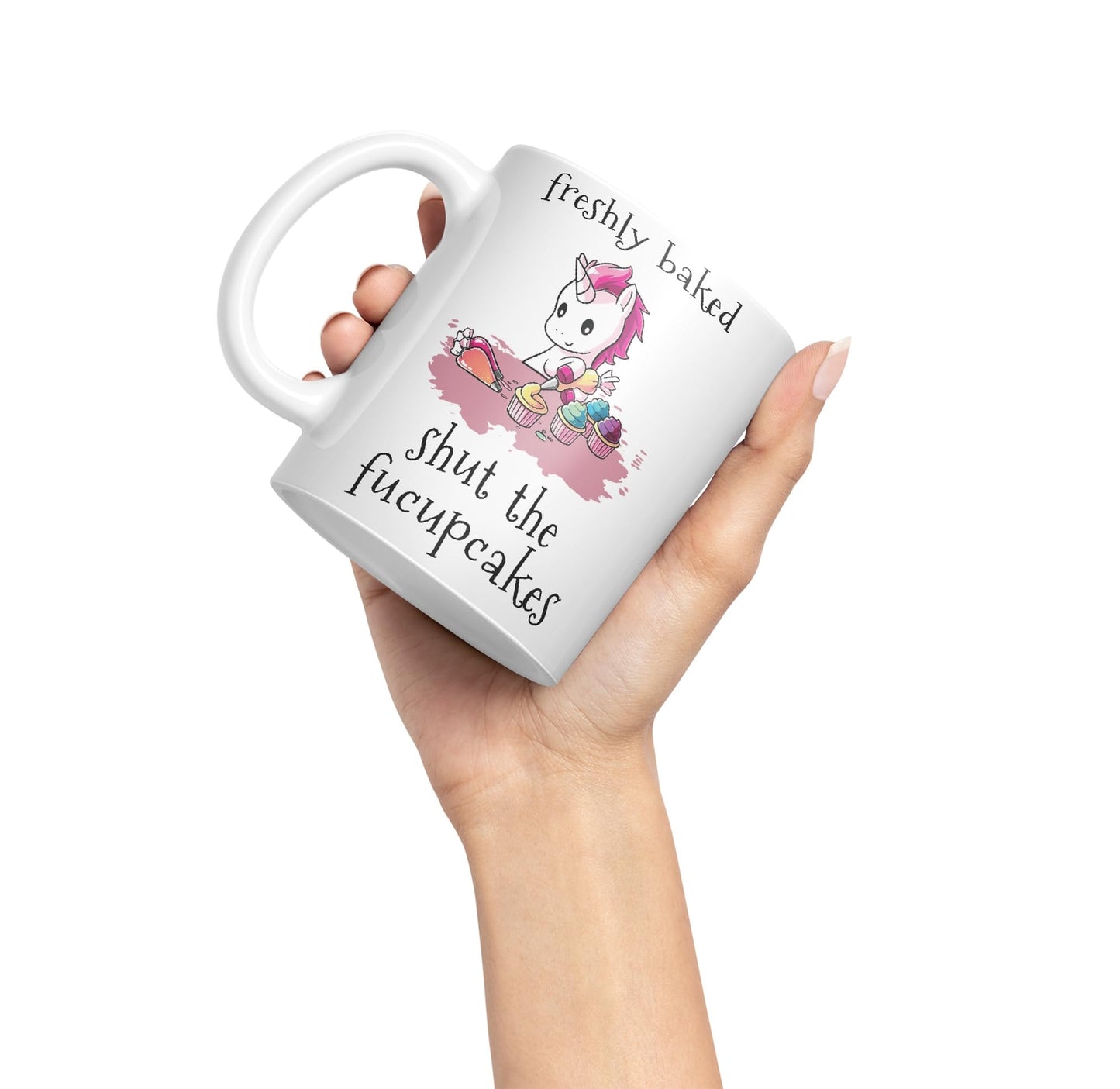 Freshly Baked, Shut The fucupcakes, Unicorn Sarcastic Joke Ceramic Coloured Mug Cup for Tea Coffee Hot Brew 330ml 11Oz
